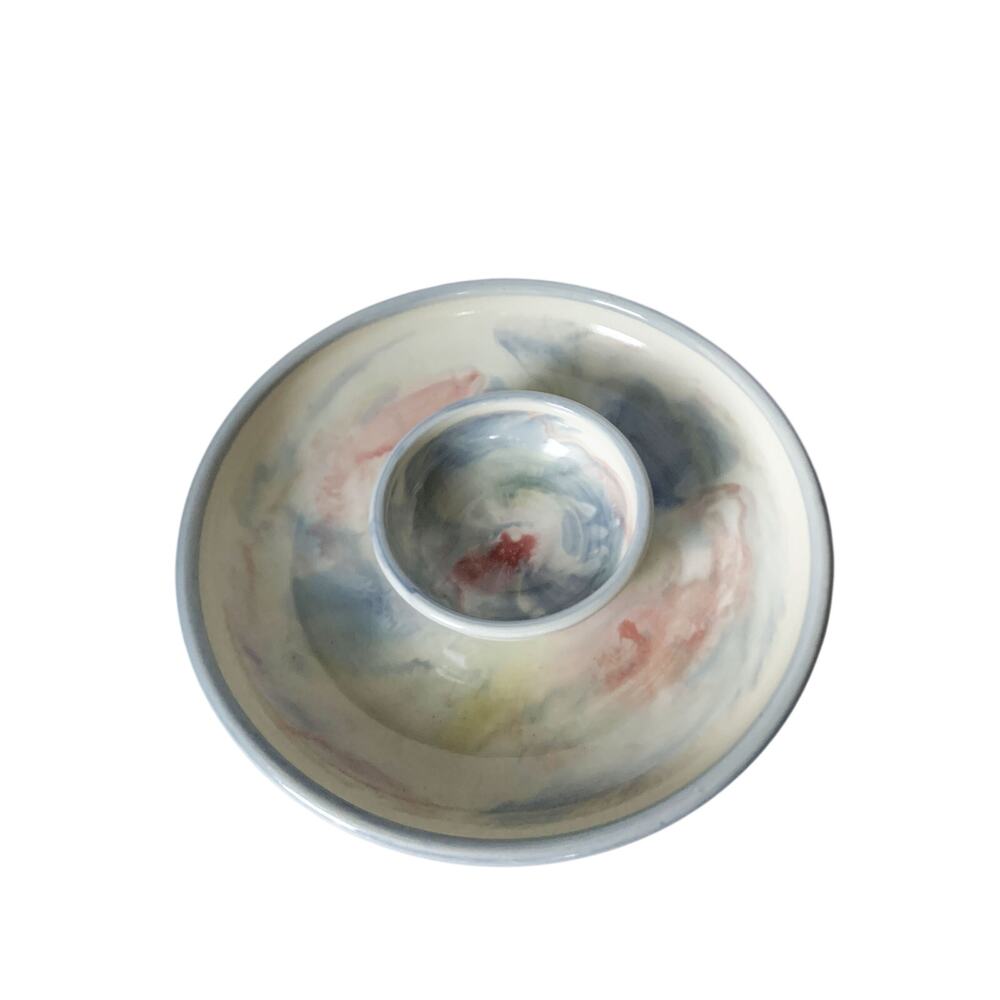 Vintage 1980s Signed Pottery Shrimp, Chip Dip Bowl Tray Pink Blue Beige